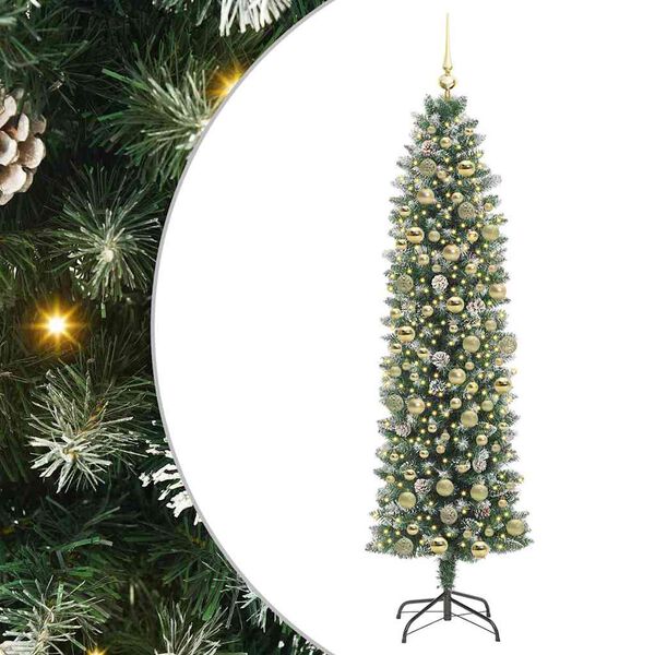 vidaXL Kunstmatige slanke kerstboom met 300 LED Groen en Wit 180 cm
