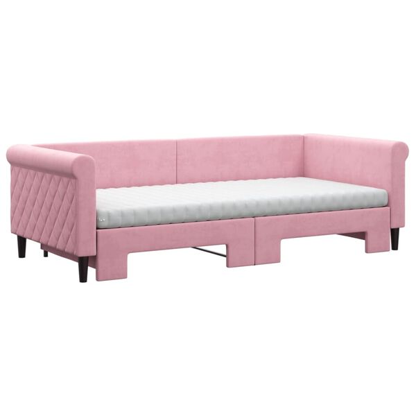 vidaXL Slaapbank onderschuifbed en matrassen 90x200 cm fluweel roze