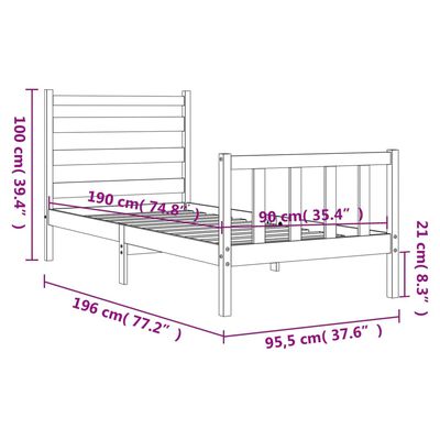 vidaXL Bedframe met hoofdbord massief hout wit 90x190 cm