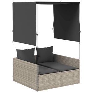 vidaXL Ligbed tweepersoons met dak en gordijn poly rattan lichtgrijs