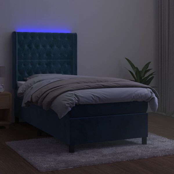 vidaXL Boxspring met matras en LED fluweel donkerblauw 90x200 cm