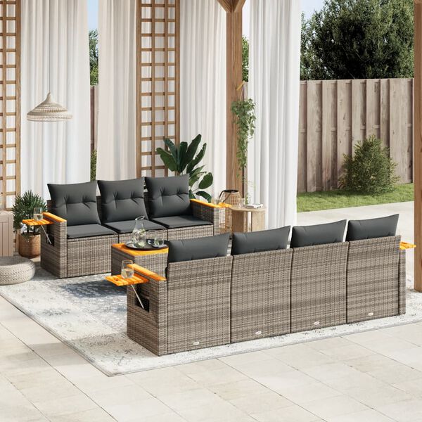 vidaXL 8-delige Loungeset met kussens poly rattan grijs