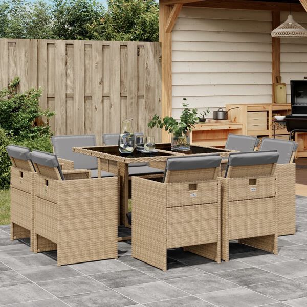 vidaXL 9-delige Tuinset met kussens poly rattan gemengd beige