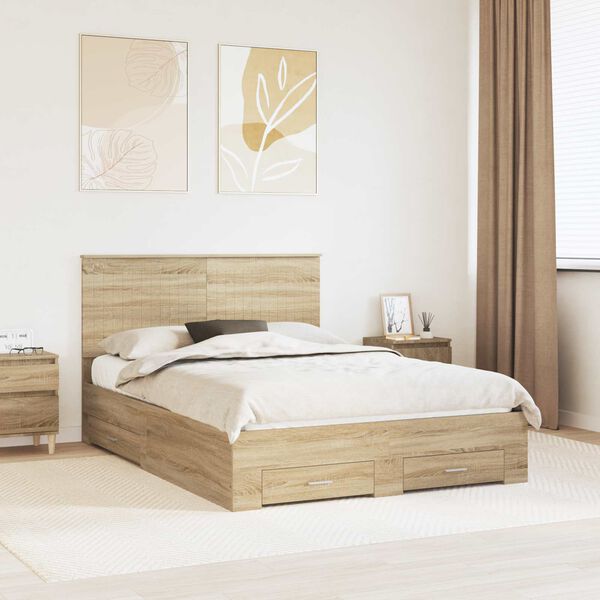 vidaXL Bedframe met hoofdeinde Sonoma Eiken 135 x 190 cm Bewerkt hout