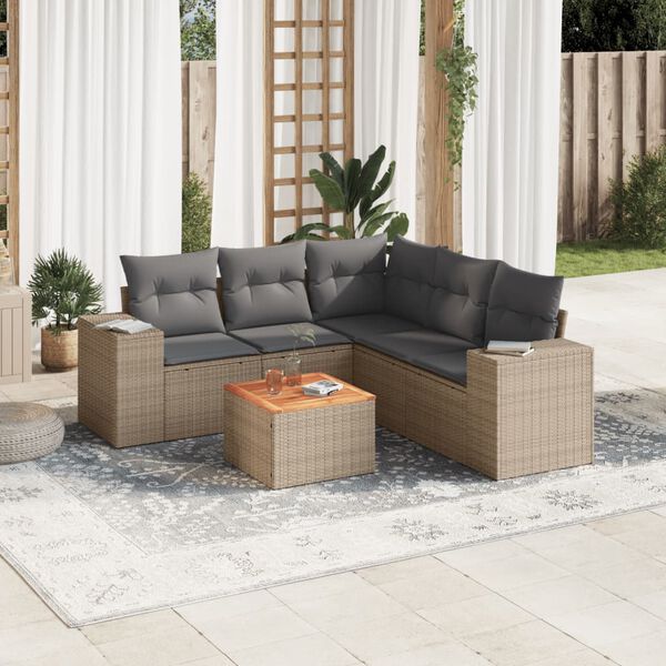 vidaXL 6-delige Loungeset met kussens poly rattan beige