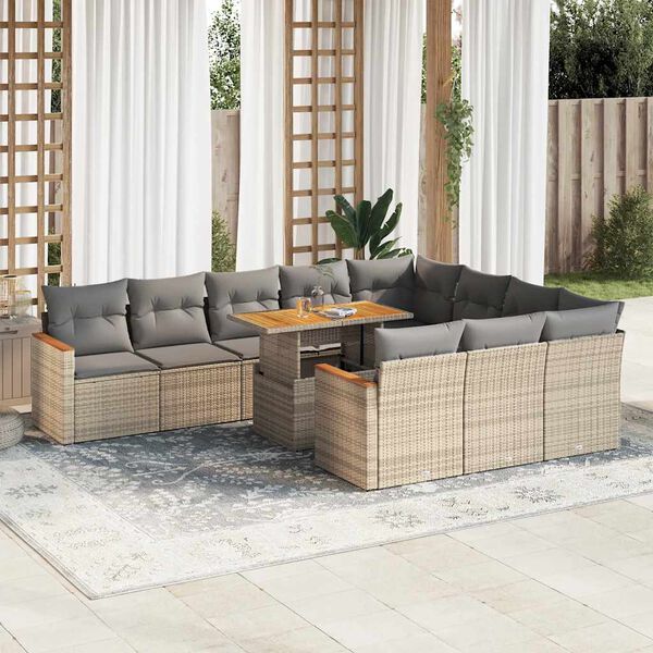 vidaXL 11-delige Tuinset met kussens poly rattan acacia beige