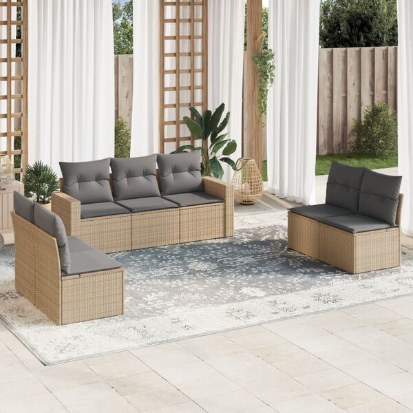 vidaXL 7-delige Loungeset met kussens poly rattan beige