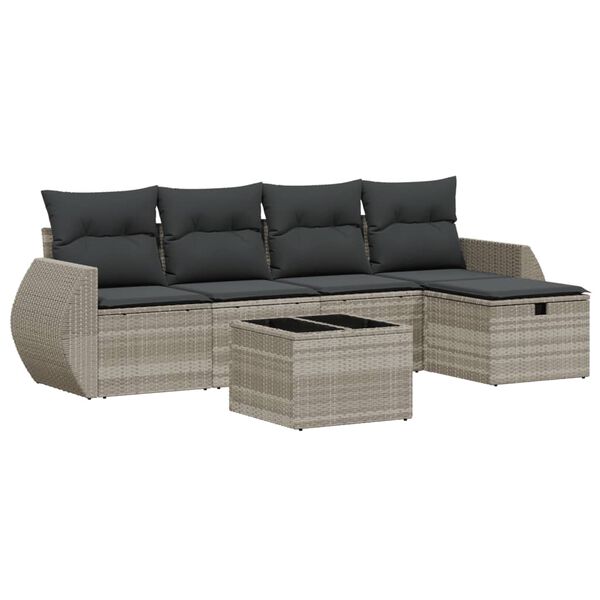 vidaXL 6-delige Loungeset met kussens poly rattan lichtgrijs