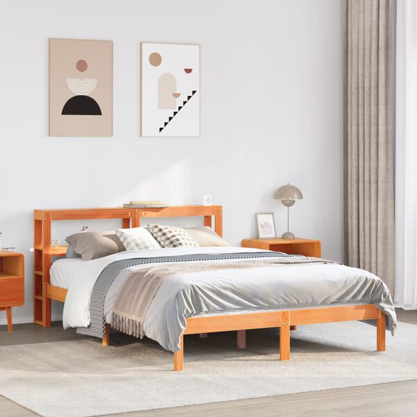 vidaXL Bedframe met hoofdbord massief grenenhout wasbruin 150x200 cm