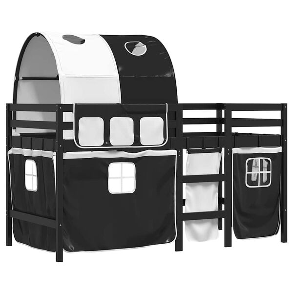 vidaXL Kinderhoogslaper met tunnel 90x190 cm grenenhout wit en zwart