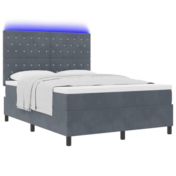 vidaXL LED Box Spring Bed met matras Donkergrijs 140 x 200 cm Fluweel