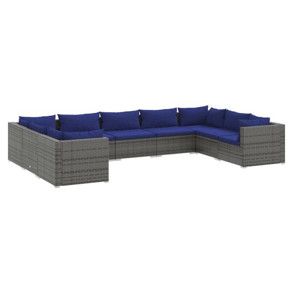 vidaXL 9-delige Loungeset met kussens poly rattan grijs