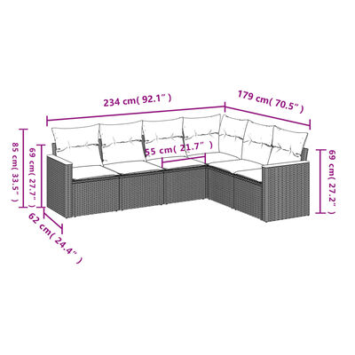 vidaXL 6-delige Loungeset met kussens poly rattan grijs