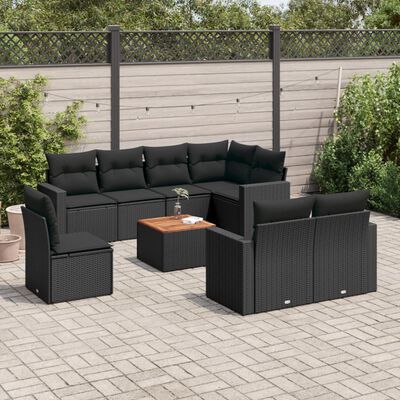 vidaXL 9-delige Loungeset met kussens poly rattan zwart