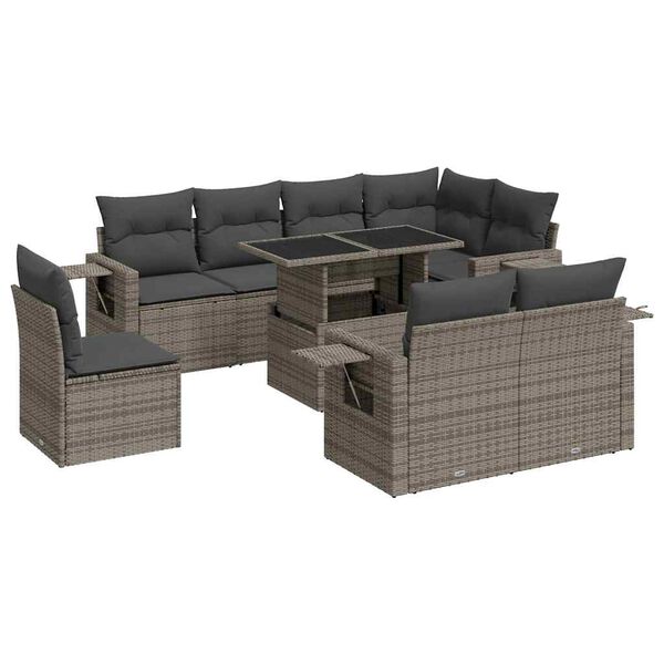 vidaXL 9-delige Loungeset met kussens poly rattan grijs