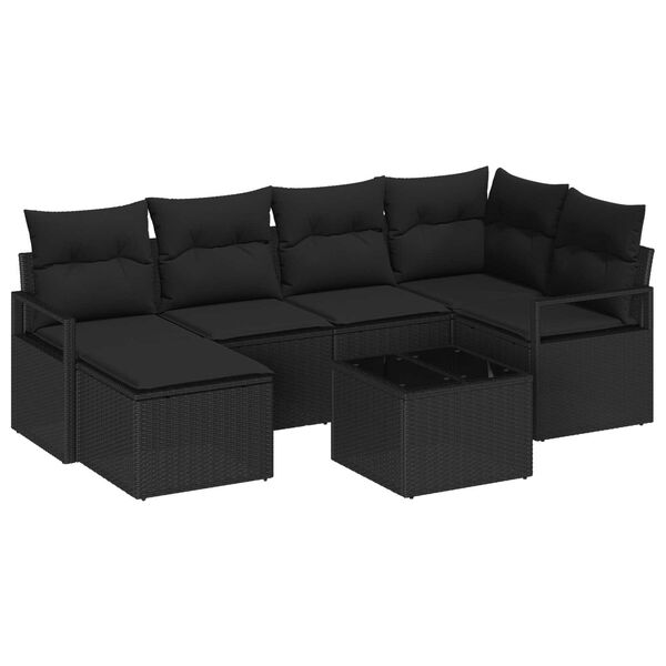 vidaXL Bankstel met kussen met opslag 7 pcs Zwart poly rattan