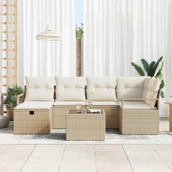 vidaXL Tuin Sofa Set met kussen met opslag 7 pcs Beige Poly riet