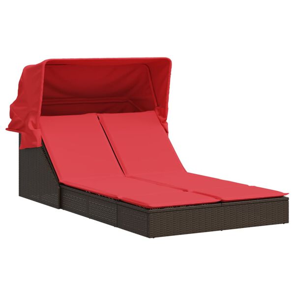 vidaXL Dubbele ligstoel met luifel en kussens, bruin polyrotan