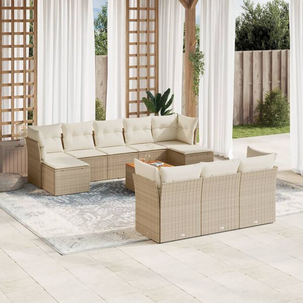 vidaXL 11-delige Tuinset met kussens poly rattan beige
