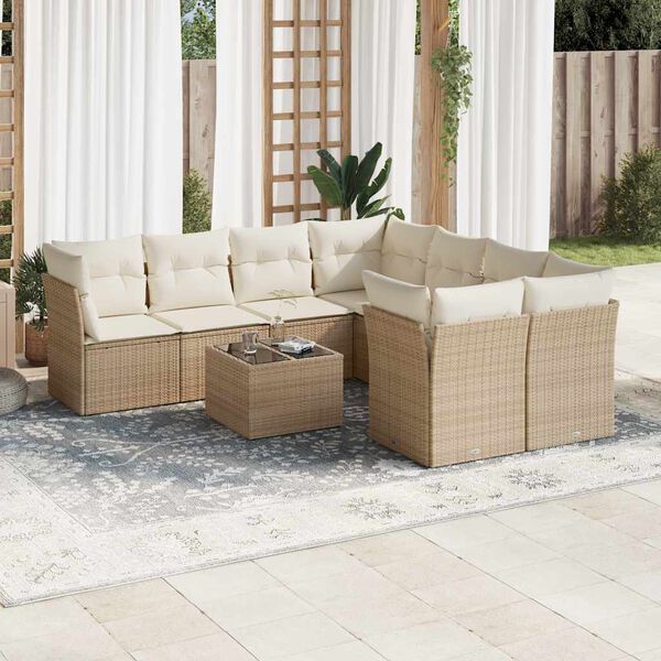 vidaXL 9-delige Loungeset met kussens poly rattan beige