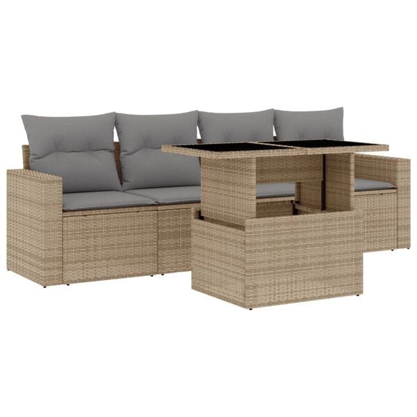 vidaXL 5-delige Loungeset met kussens poly rattan beige