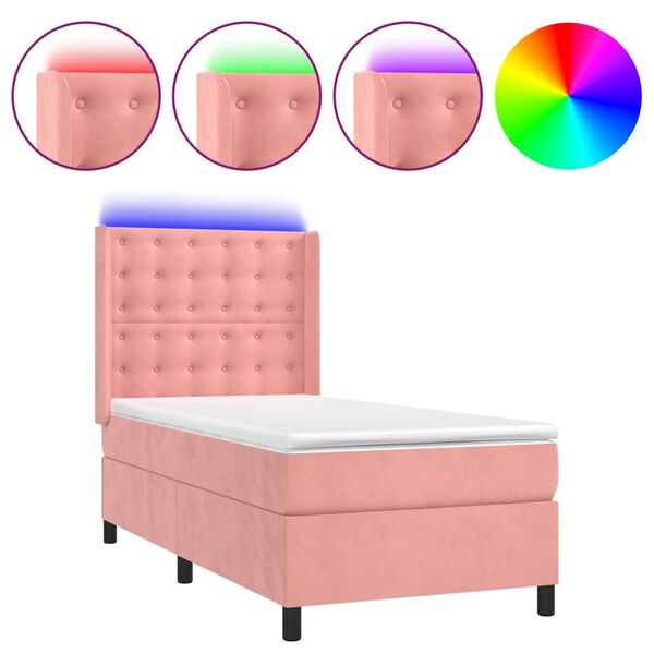 vidaXL Boxspring met matras en LED fluweel roze 90x200 cm