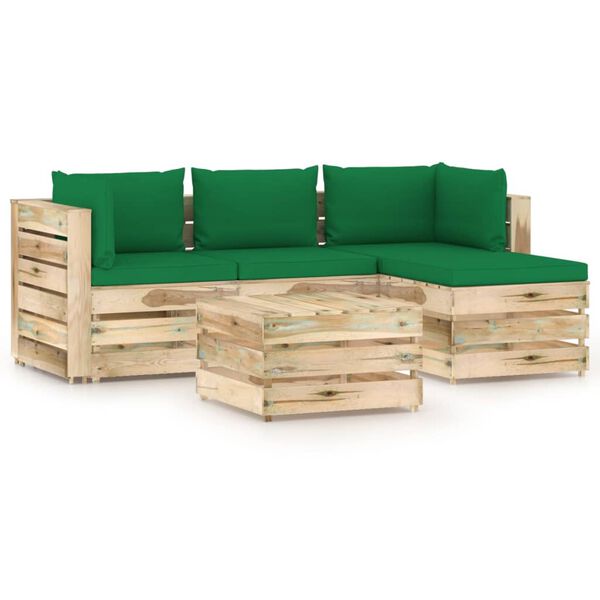 vidaXL 5-delige Loungeset met kussens groen ge&iuml;mpregneerd hout
