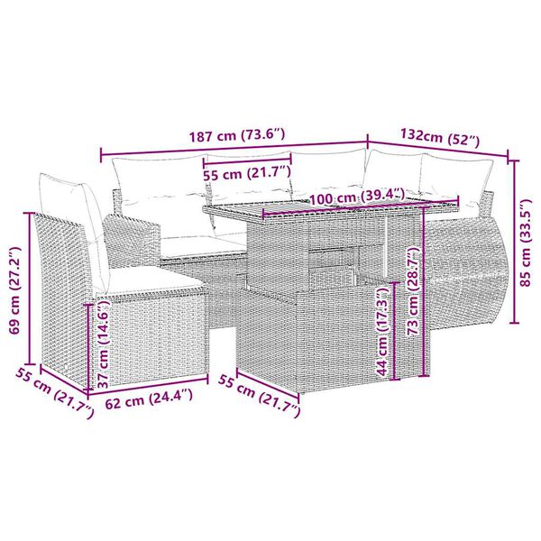 vidaXL 6-delige Loungeset met kussens poly rattan beige