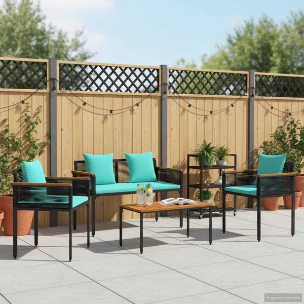 vidaXL Buitenmeubelset met kussen 4 pcs Zwart en Turquoise PE Rattan