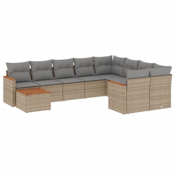 vidaXL 10-delige Loungeset met kussens poly rattan beige