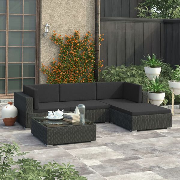 vidaXL 5-delige Loungeset met kussens poly rattan zwart