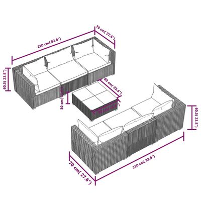 vidaXL 7-delige Loungeset met kussens poly rattan zwart