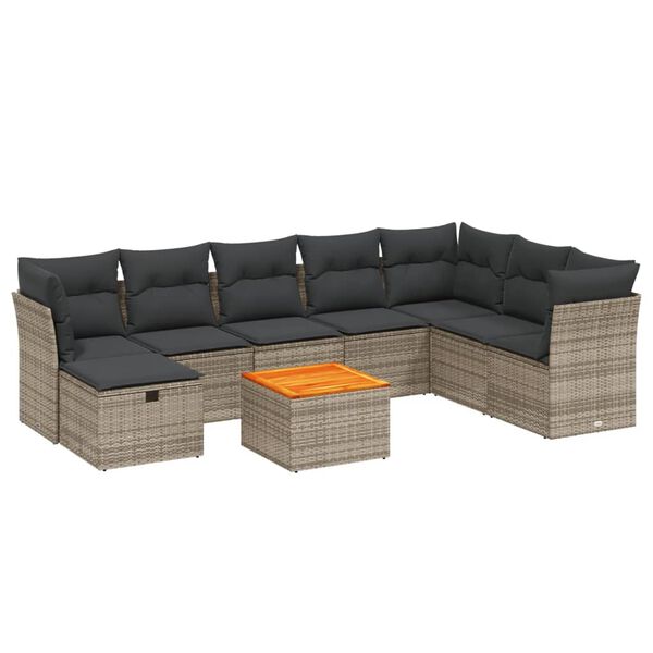 vidaXL 9-delige Loungeset met kussens poly rattan grijs
