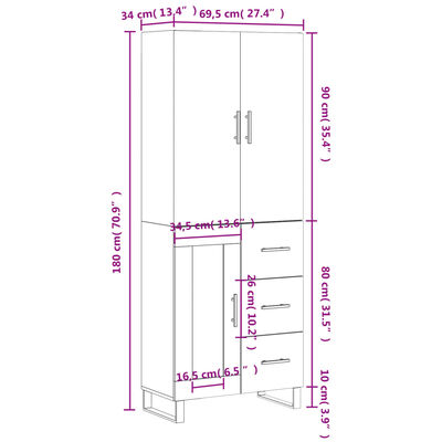 vidaXL Hoge kast 69,5x34x180 cm bewerkt hout betongrijs