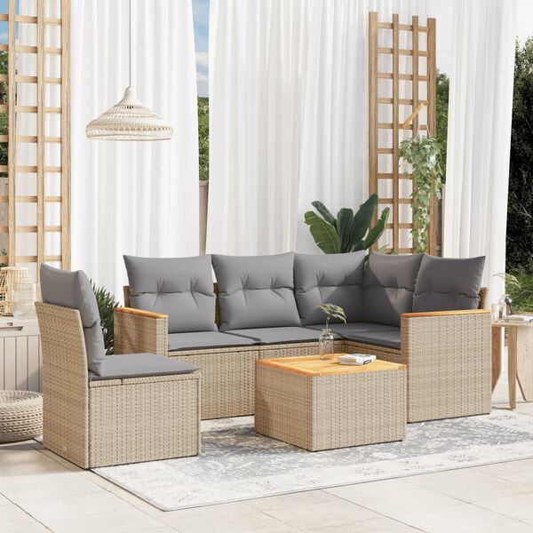 vidaXL 6-delige Loungeset met kussens poly rattan gemengd beige