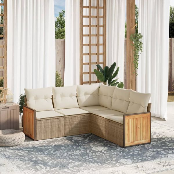 vidaXL 5-delige Loungeset met kussens poly rattan beige