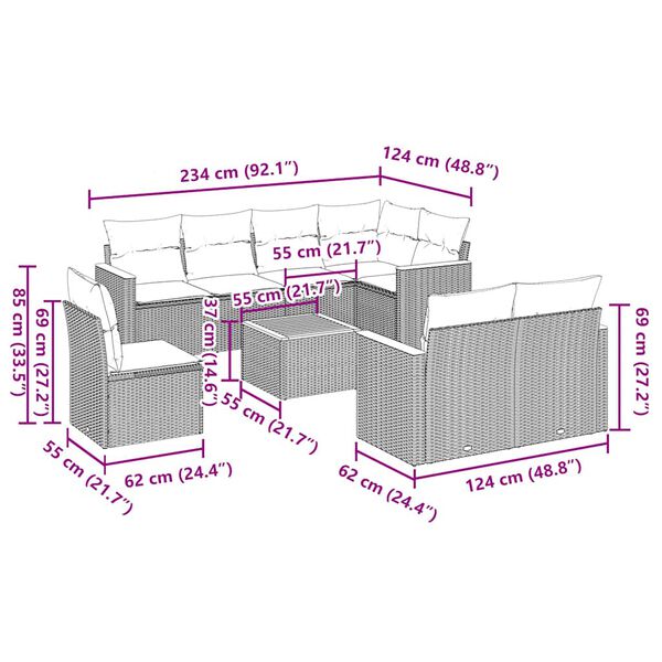 vidaXL 9-delige Loungeset met kussens poly rattan zwart