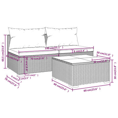 vidaXL 3-delige Loungeset met kussens poly rattan grijs