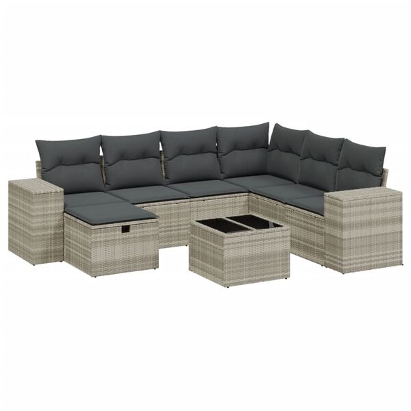 vidaXL 8-delige Loungeset met kussens poly rattan lichtgrijs