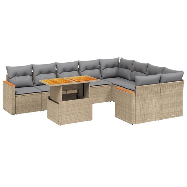vidaXL 10-delige Loungeset met kussens poly rattan beige