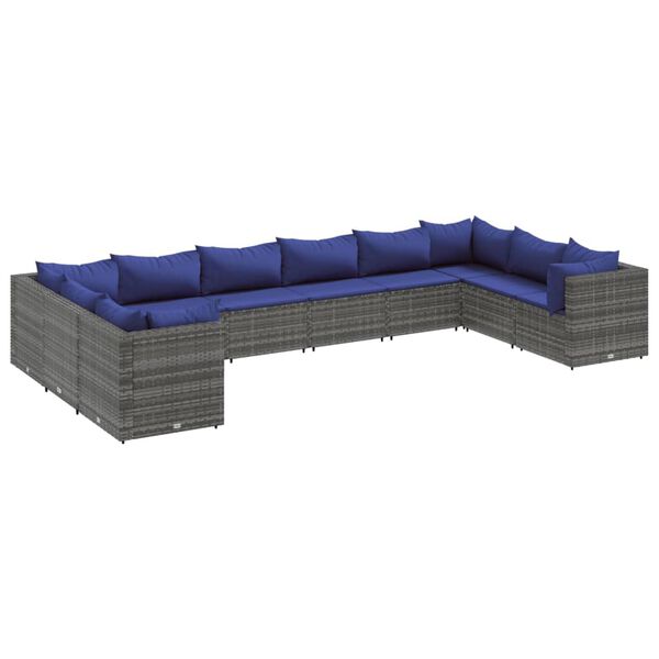 vidaXL 10-delige Loungeset met kussens poly rattan grijs