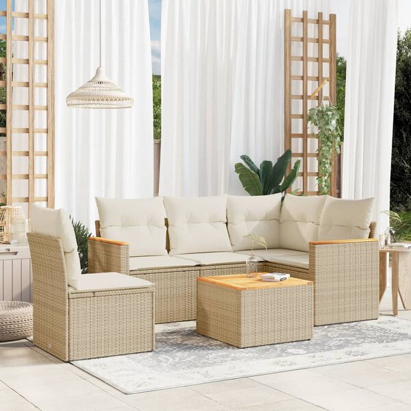 vidaXL 6-delige Loungeset met kussens poly rattan beige