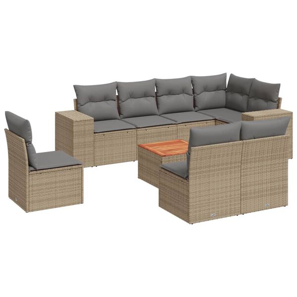 vidaXL 9-delige Loungeset met kussens poly rattan beige