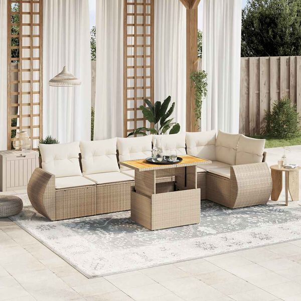 vidaXL 7-delige Loungeset met kussens poly rattan beige