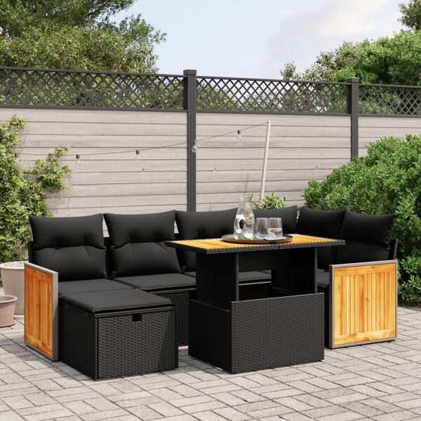 vidaXL 7-delige Loungeset met kussens poly rattan zwart