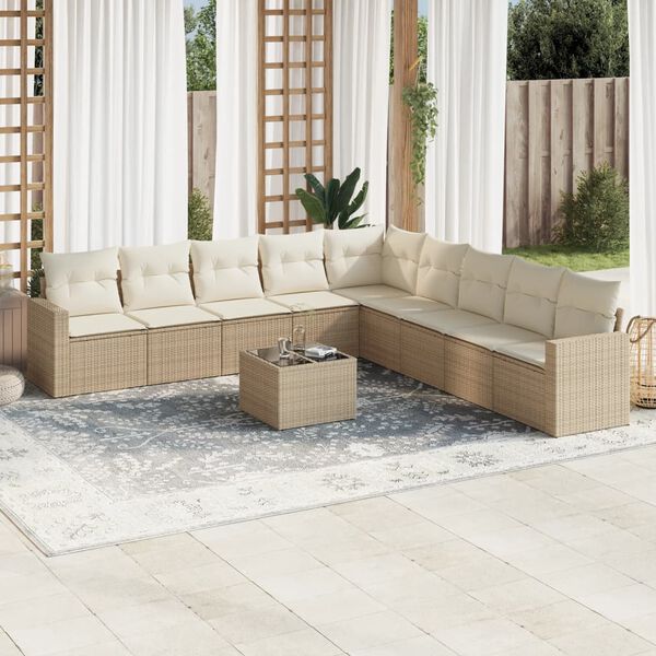 vidaXL 10-delige Loungeset met kussens poly rattan beige