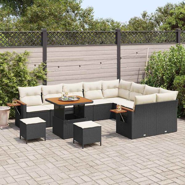 vidaXL Tuinbankenset met kussen 13 pcs Zwart en Cr&egrave;me poly rattan