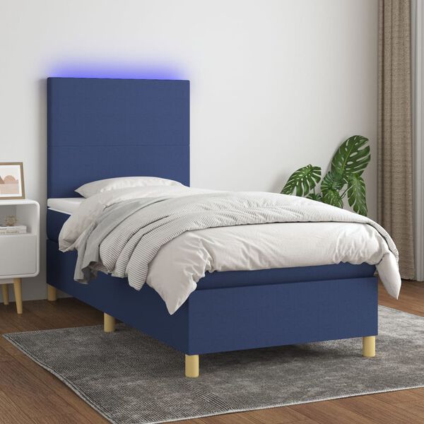 vidaXL Boxspring met matras en LED stof blauw 90x200 cm
