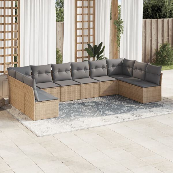 vidaXL 10-delige Loungeset met kussens poly rattan beige
