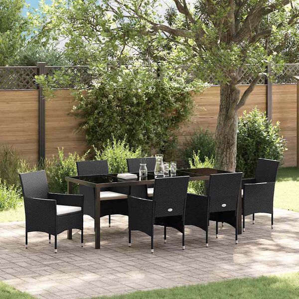 vidaXL Tuin eettafelset met kussen 7 pcs Zwart poly rattan
